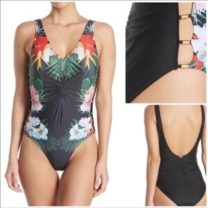 Nicole Miller Black Floral One Piece Swimsuit